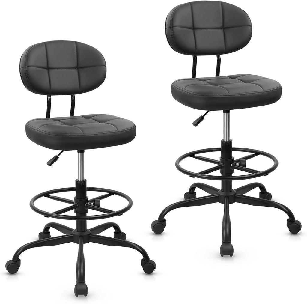 KLASIKA Leather Drafting Stool Chair with Ergonomic Backrest & Footrest, Adjustable Height 360° Swivel Rolling Stools, Tall Padded Seat Office Chair for Standing Desk, Shop, Drawing, Black, 2 Pack