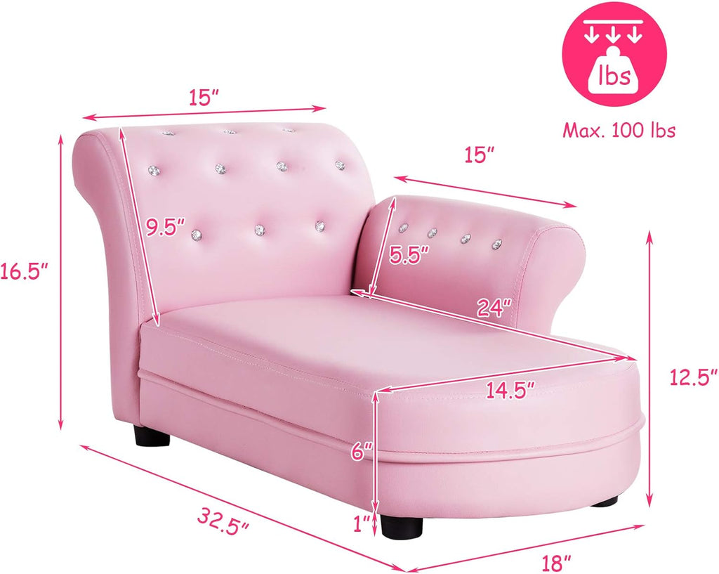 Costzon Kids Couch, Princess Kids Sofa Chairs for Baby Girls 3-5 Old w/Wood Frame & Leather Surface for Nap & Rest, Toddler Couch for Preschool, Nursery, Kindergarten, Children Furniture Gift (Pink)