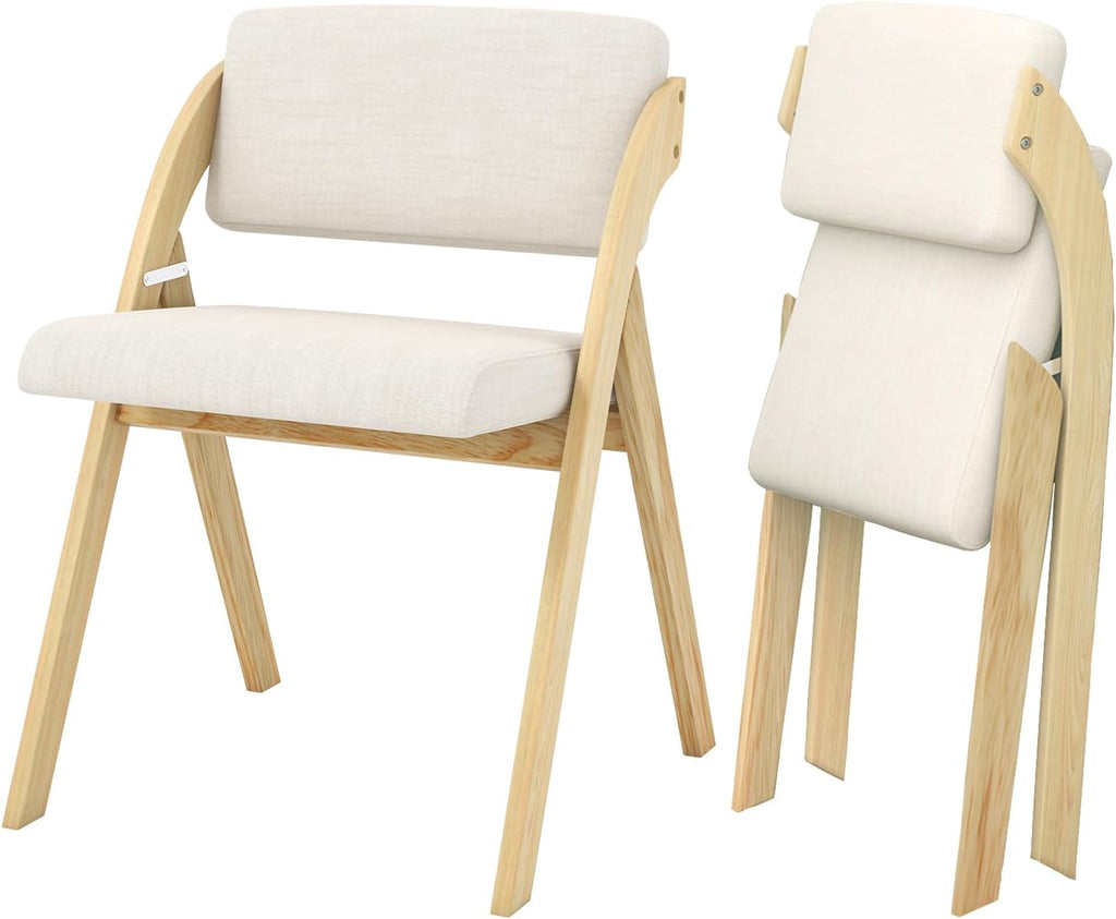 POWERSTONE Folding Chairs Set of 2 with Cushion, Modern Foldable Kitchen Dining Chairs with Rubber Wood Legs for Guests Home Office Wedding Party, No Assembly Natural