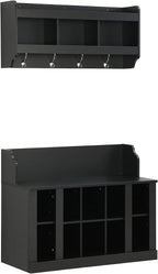 Shoe Storage Bench with Shelves and 4 Hooks, Elegant Hall Tree with Shoes Cubbies and Wall Mounted Coat Rack, Entryway Organizer For Hallway, Foyer, Mudroom, Black
