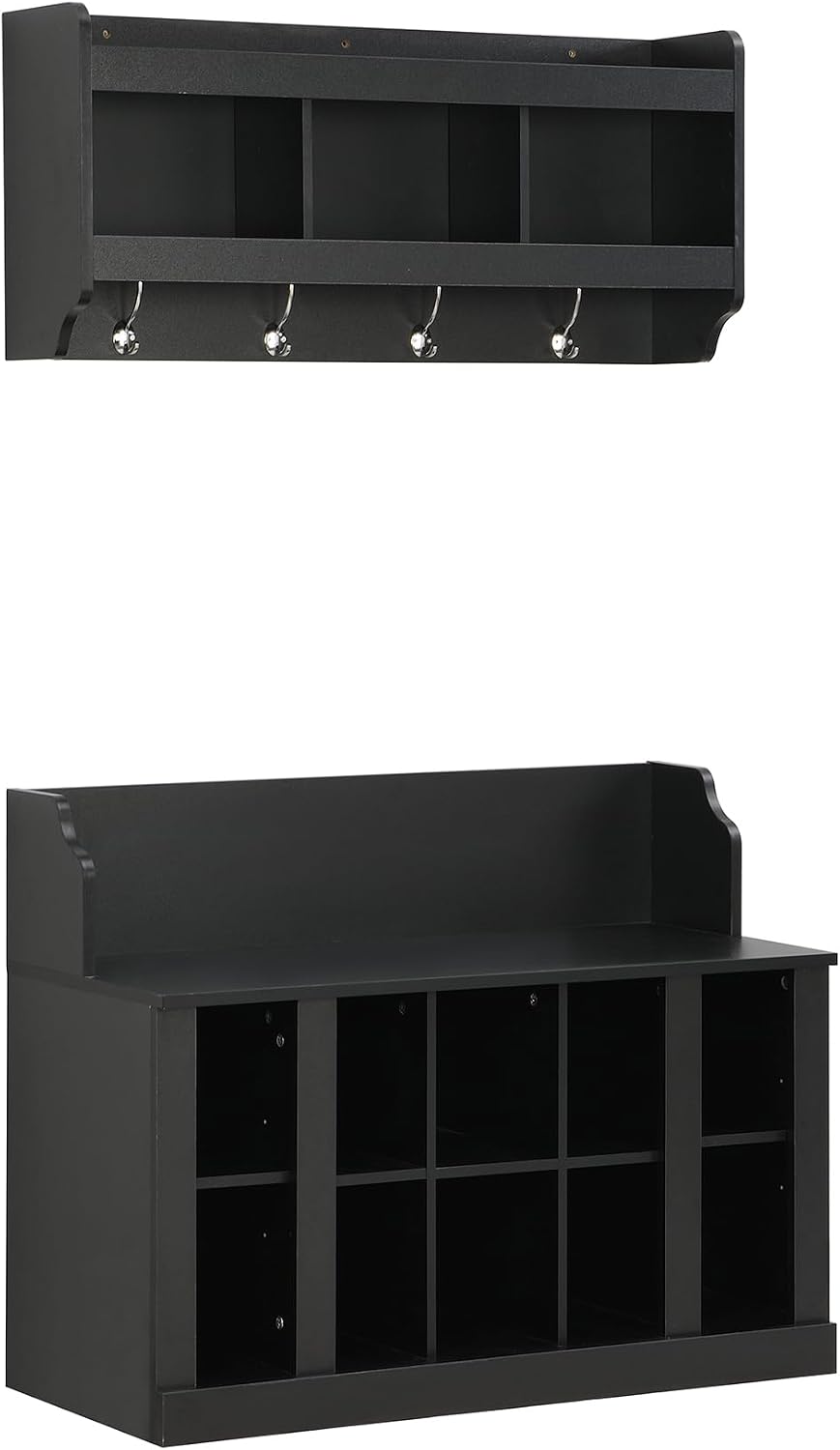 Shoe Storage Bench with Shelves and 4 Hooks, Elegant Hall Tree with Shoes Cubbies and Wall Mounted Coat Rack, Entryway Organizer For Hallway, Foyer, Mudroom, Black