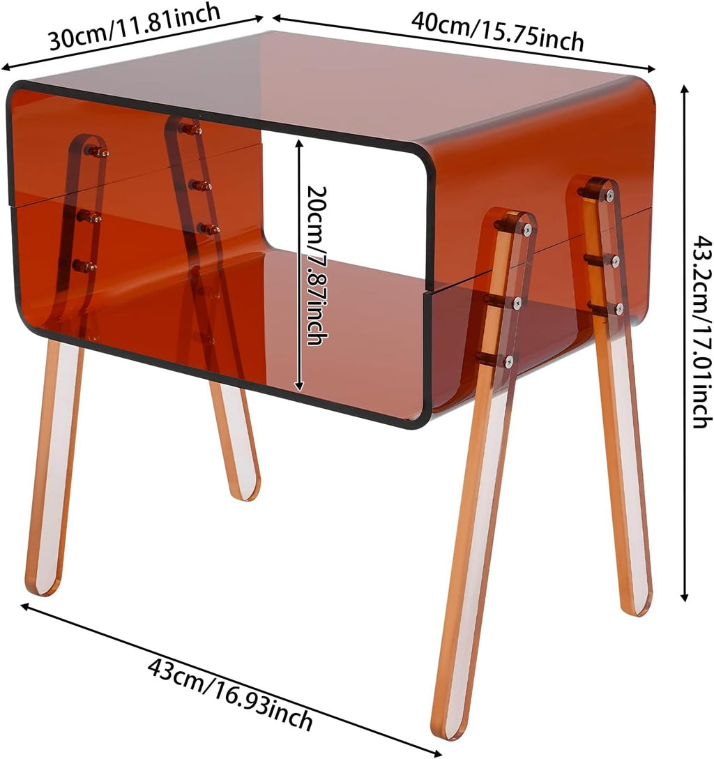 Acrylic Side Table, Small End Table for Living Room, Bedroom & Office, 2-Tier End Table with Open Storage, Sturdy Brown Accent Table for Apartment, Dorm, Minimalist Home Decor (Brown)