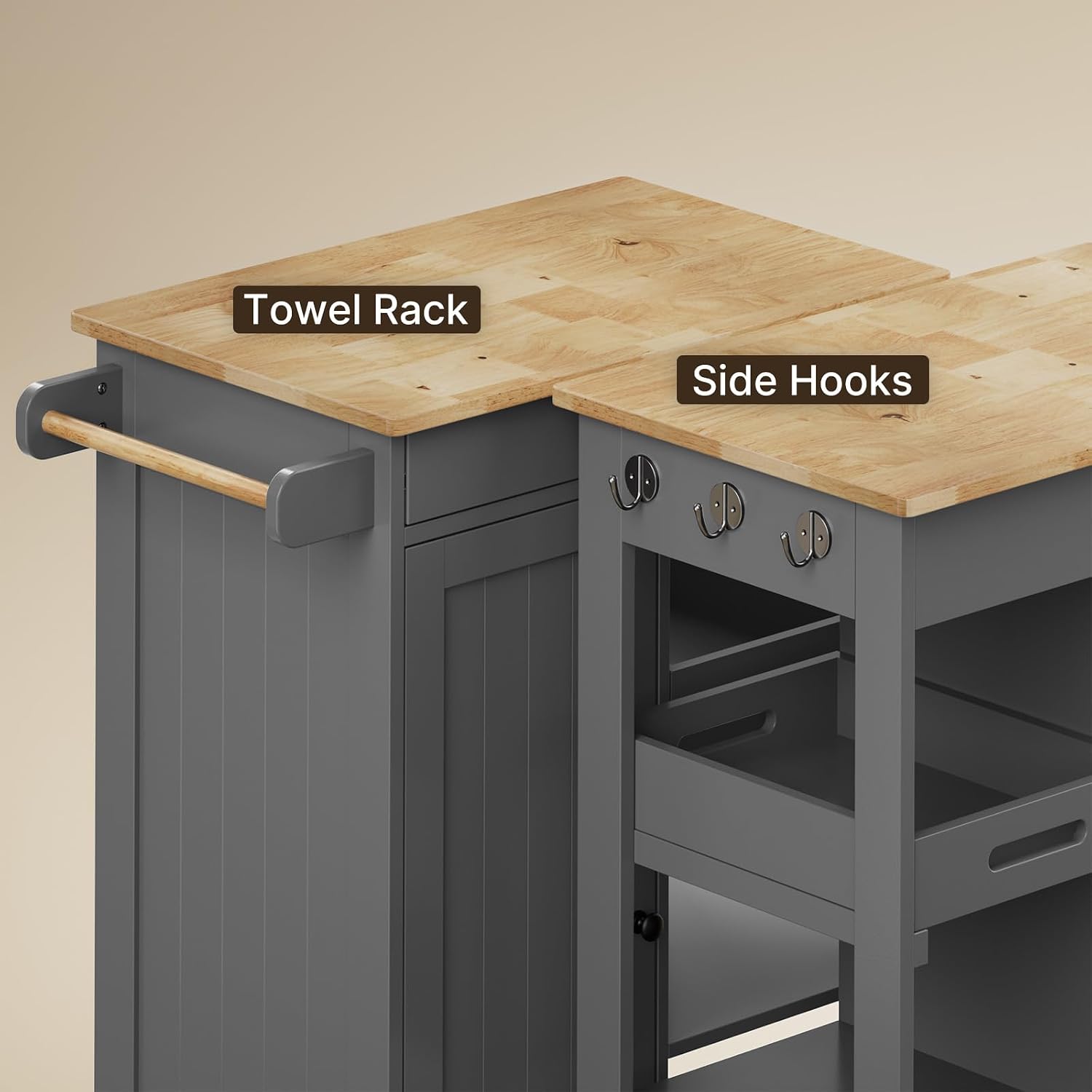 Gizoon Kitchen Cart, Rolling Kitchen Island Cart | Drawer, 22.8''W Countertop, Adjustable Shelve, Door, 4 Wheel, 3 Hook, Towel Rack, Multifunctional Storage Trolley, Grey