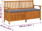 Outdoor Storage Bench with Cushion 58.3 inch Solid Acacia Wood Patio Entryway Seating with Hidden Compartment for Garden Deck Hallway Gray