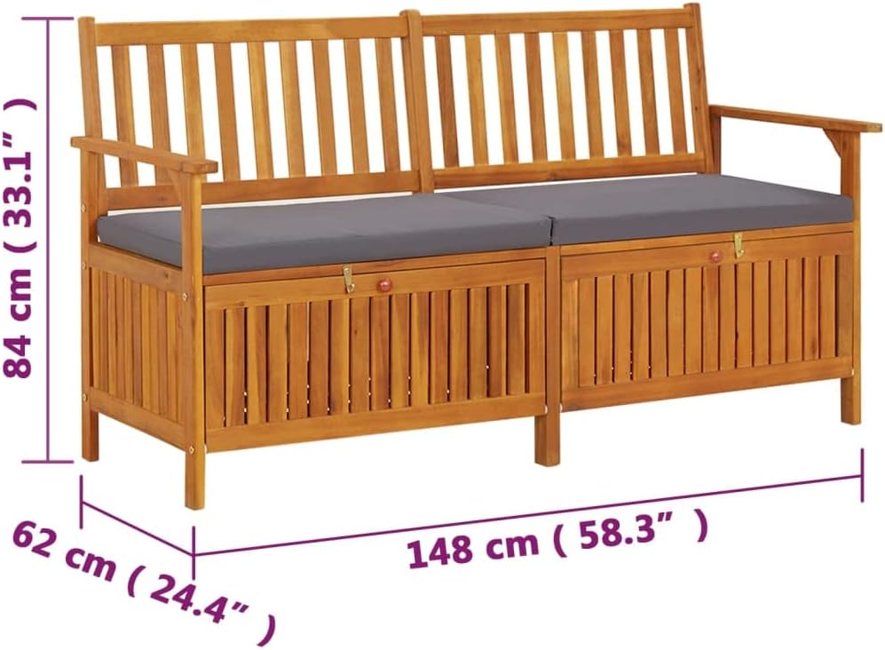 Solid Acacia Wood Storage Bench with Cushion, Large Rectangular Outdoor Patio Furniture for Seating and Hidden Compartments, Weather Resistant Modern Design, 3-Person