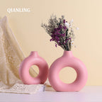 Pink Ceramic Vase Set of 2-2 Round Donut Vase, Modern Pink Vases for Centerpieces, Flower Vase for Decor, Apply to Living Room, Kitchen, Mantle, Bedroom, Dining Table, Office, Farmhouse