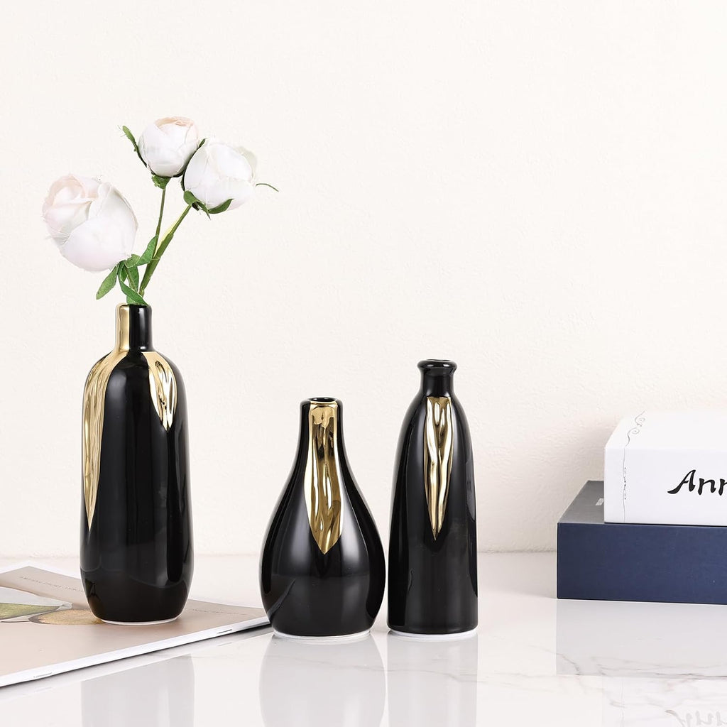 LCCCK Black and Gold Mini Ceramic Vase Set of 3, Small Ceramic Vase Set for Decorative, Bud Vases for Centerpieces Nightstand Kitchen, Boho Farmhouse Home Coffee Table Tray Decor