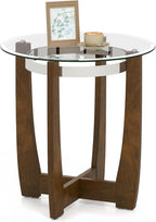 Giantex Round Glass End Table - 24’’ Side Table with Tempered Glass Top, Nightstand with Cross & Solid Rubber Wood Base, Compact Bedside Night Stand for Bedroom Office Living Room (1, Walnut)
