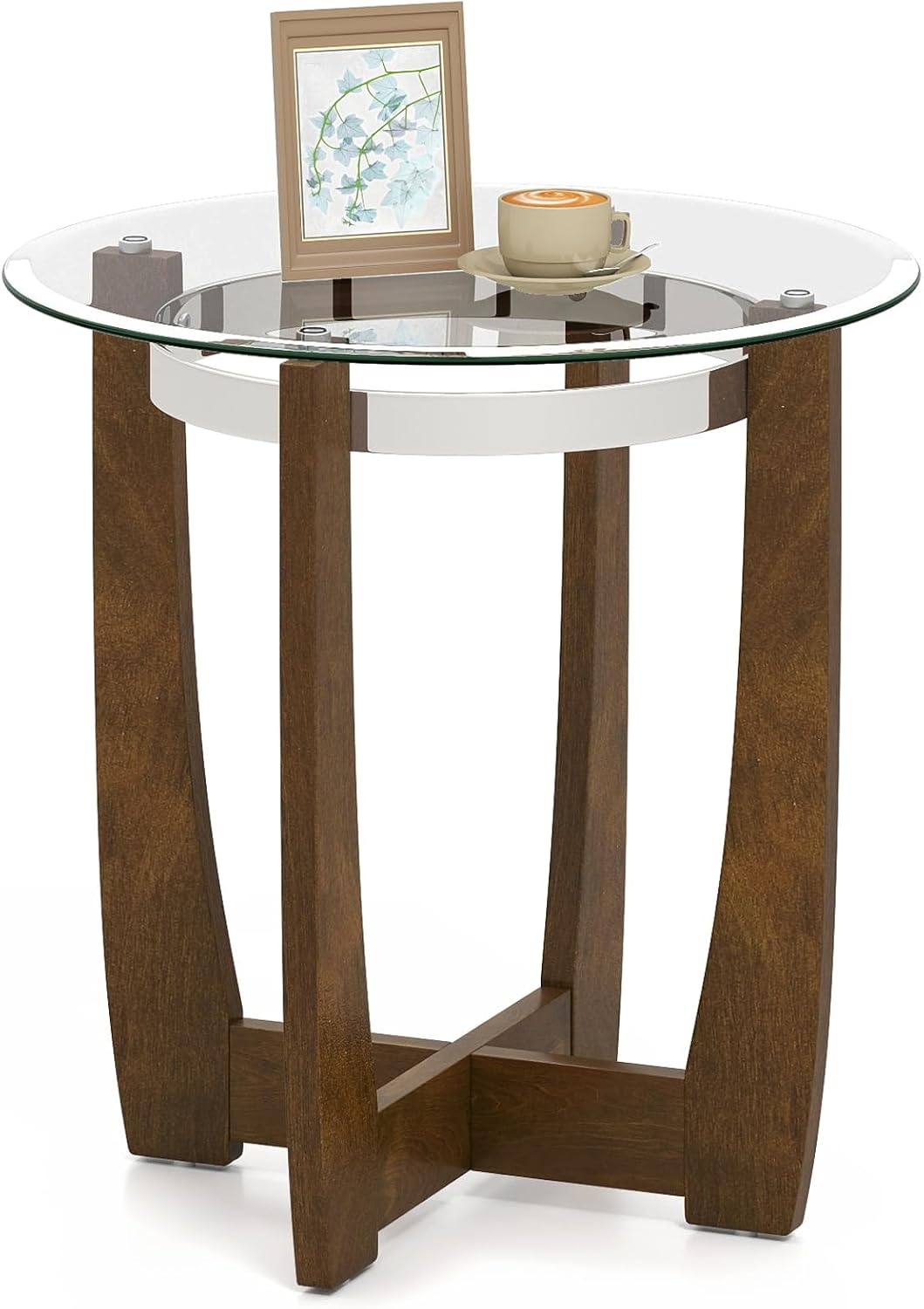 Giantex Round Glass End Table - 24’’ Side Table with Tempered Glass Top, Nightstand with Cross & Solid Rubber Wood Base, Compact Bedside Night Stand for Bedroom Office Living Room (1, Walnut)