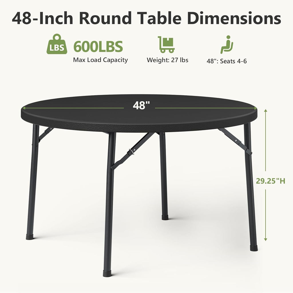 Round Folding Table, 48" Round Card Table with Foldable Steel Legs, Heavy Duty Plastic Banquet Table for Outdoor Party, Event, Kitchen, Black