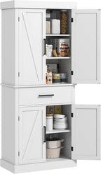 72" Tall Kitchen Pantry Storage Cabinet, Farmhouse Freestanding Sideboard Utility Cupboard Large Hutch Cabinets with 4 Barn Doors, Drawer and Adjustable Shelves, White