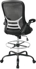 HYLONE Drafting Chair Tall Office Chair High-Back Mesh Standing Desk Stool with Adjustable Footrest Ring and Flip-Up Arms Black
