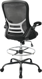 HYLONE Drafting Chair Tall Office Chair High-Back Mesh Standing Desk Stool with Adjustable Footrest Ring and Flip-Up Arms Black