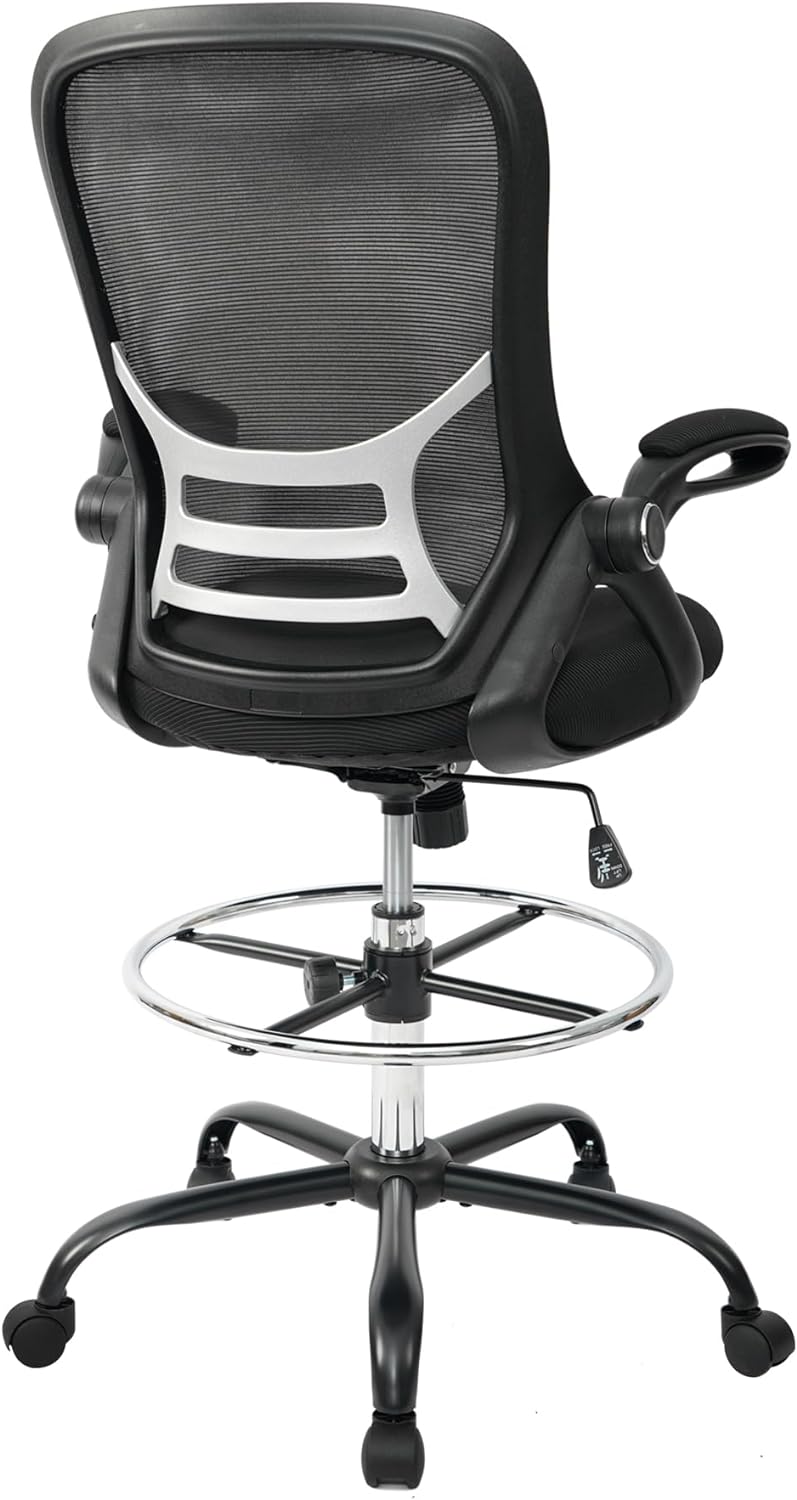 HYLONE Drafting Chair Tall Office Chair High-Back Mesh Standing Desk Stool with Adjustable Footrest Ring and Flip-Up Arms Black