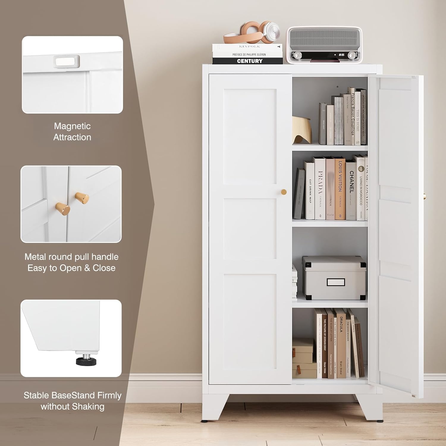 Yizosh Metal Storage Cabinet with Doors and 3 Adjustable Shelves - 47" White Kitchen Pantry Storage Cabinet Locker for Kitchen,Living Room,Dining Room