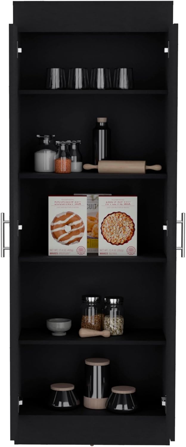Modern Kitchen Pantry, Black Storage Cabinet with 2 Doors and Multiple Shelves, Engineered Wood, for Dining Room, Easy to Clean