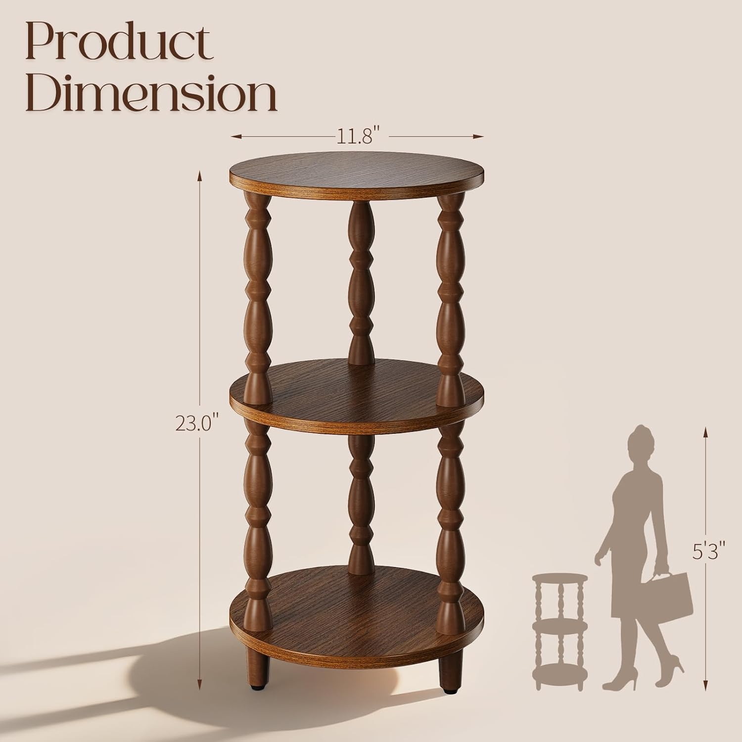 Yoobure Small Round Side Table - 3-Tier End Table with Storage Shelf, Narrow Bedside Table Nightstand for Bedroom, Accent End Tables Living Room, Wood Side Tables for Small Spaces, Office, Walnut
