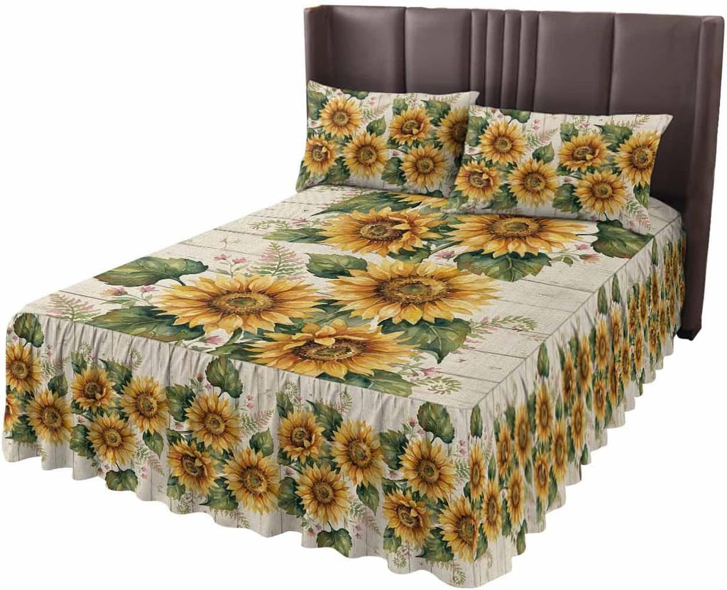 Ruffle Skirt Bedspread for Full Size Bed Summer Sunflower Leaf 3 Piece Bedding Cover with Pillow Sham,18In Drop Bedskirt Coverlet for Bedroom Dorm Pastoral Plant Vintage Wood Board