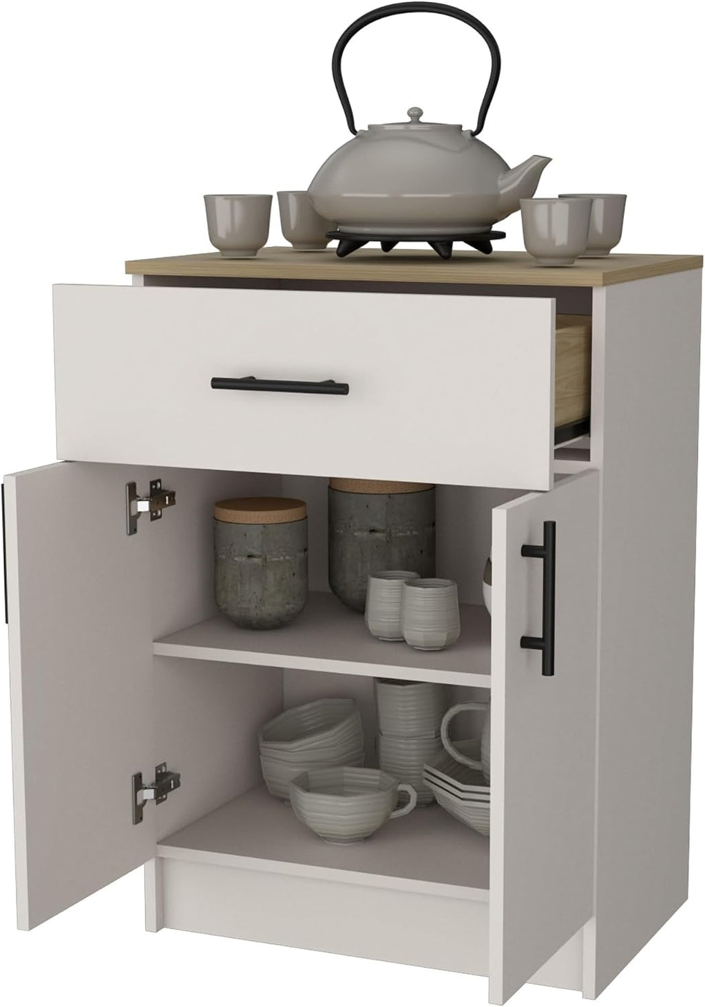 Cope Kitchen Pantry in Melamine with 2 Doors and 1 Drawer, Ivory/Natural Oak,for Kitchen