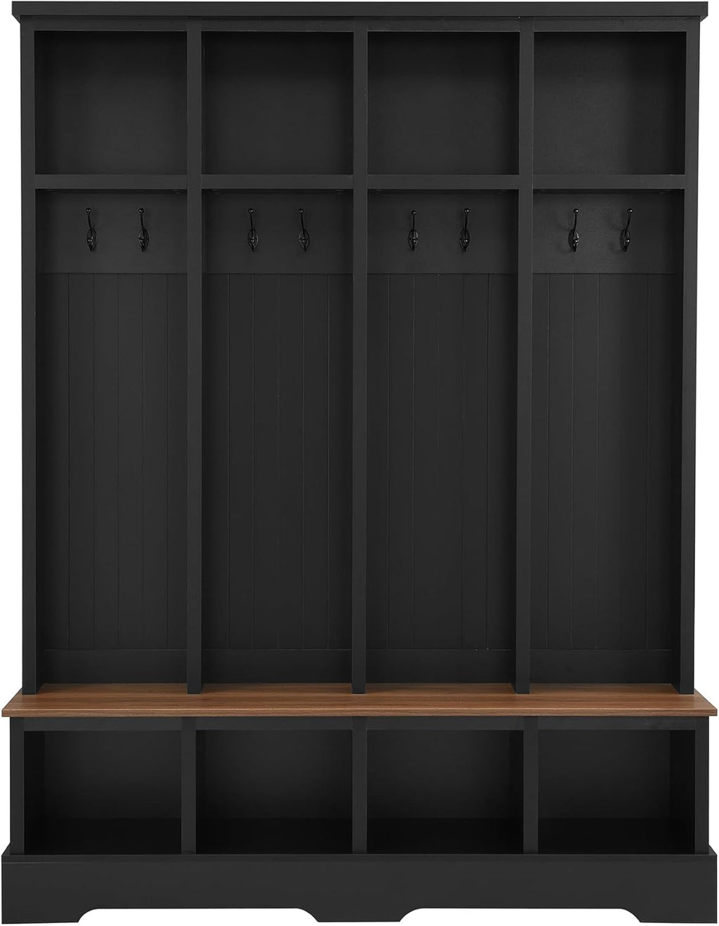 SOFTSEA 59 Inch Wide Hall Tree with Storage Bench, Farmhouse Entryway Bench with 8 Hooks and Storage Shelves, Modern Coat Rack with Shoe Cabinets for Mudroom, Living Room, Black