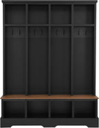 SOFTSEA 59 Inch Wide Hall Tree with Storage Bench, Farmhouse Entryway Bench with 8 Hooks and Storage Shelves, Modern Coat Rack with Shoe Cabinets for Mudroom, Living Room, Black
