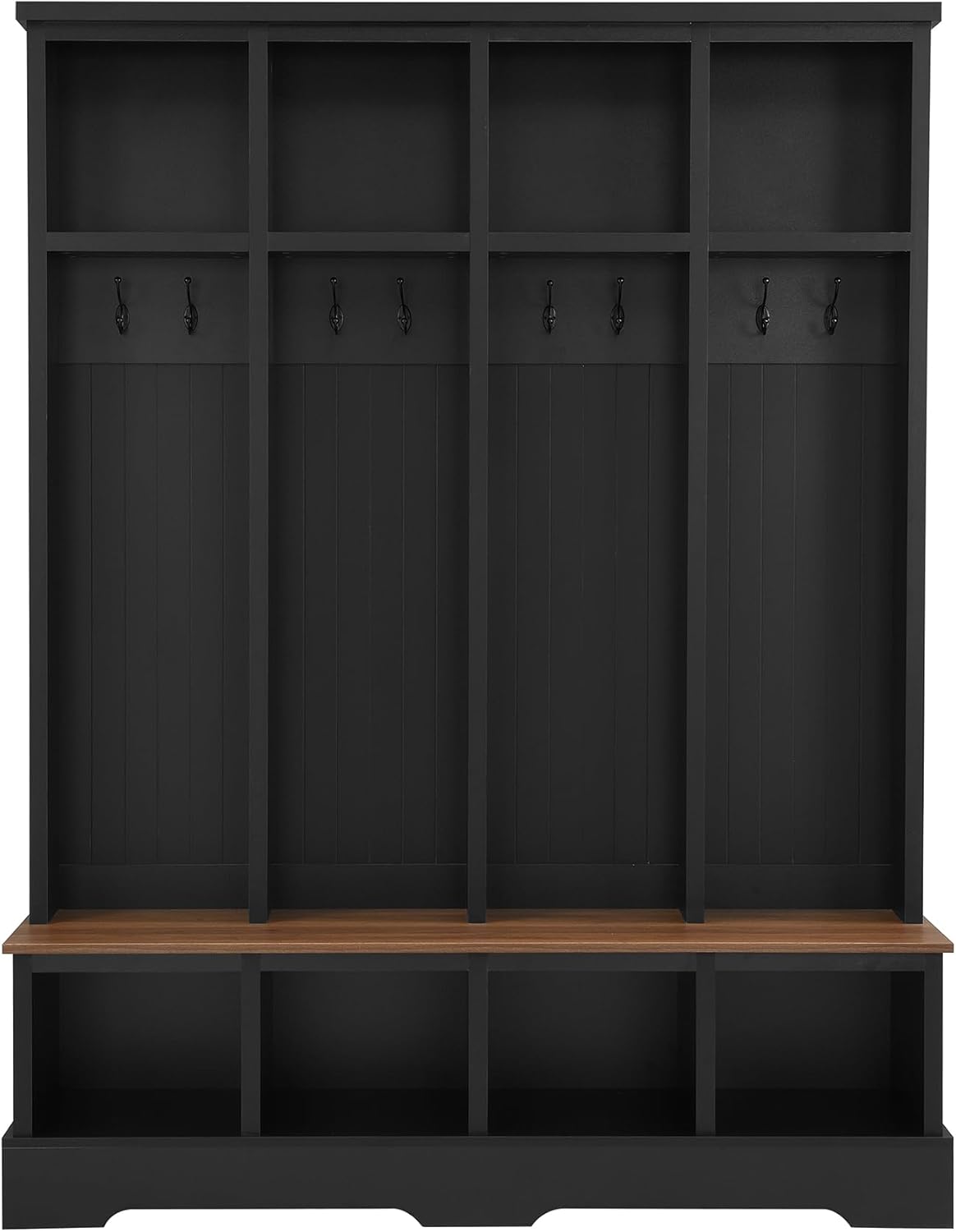 SOFTSEA 59 Inch Wide Hall Tree with Storage Bench, Farmhouse Entryway Bench with 8 Hooks and Storage Shelves, Modern Coat Rack with Shoe Cabinets for Mudroom, Living Room, Black