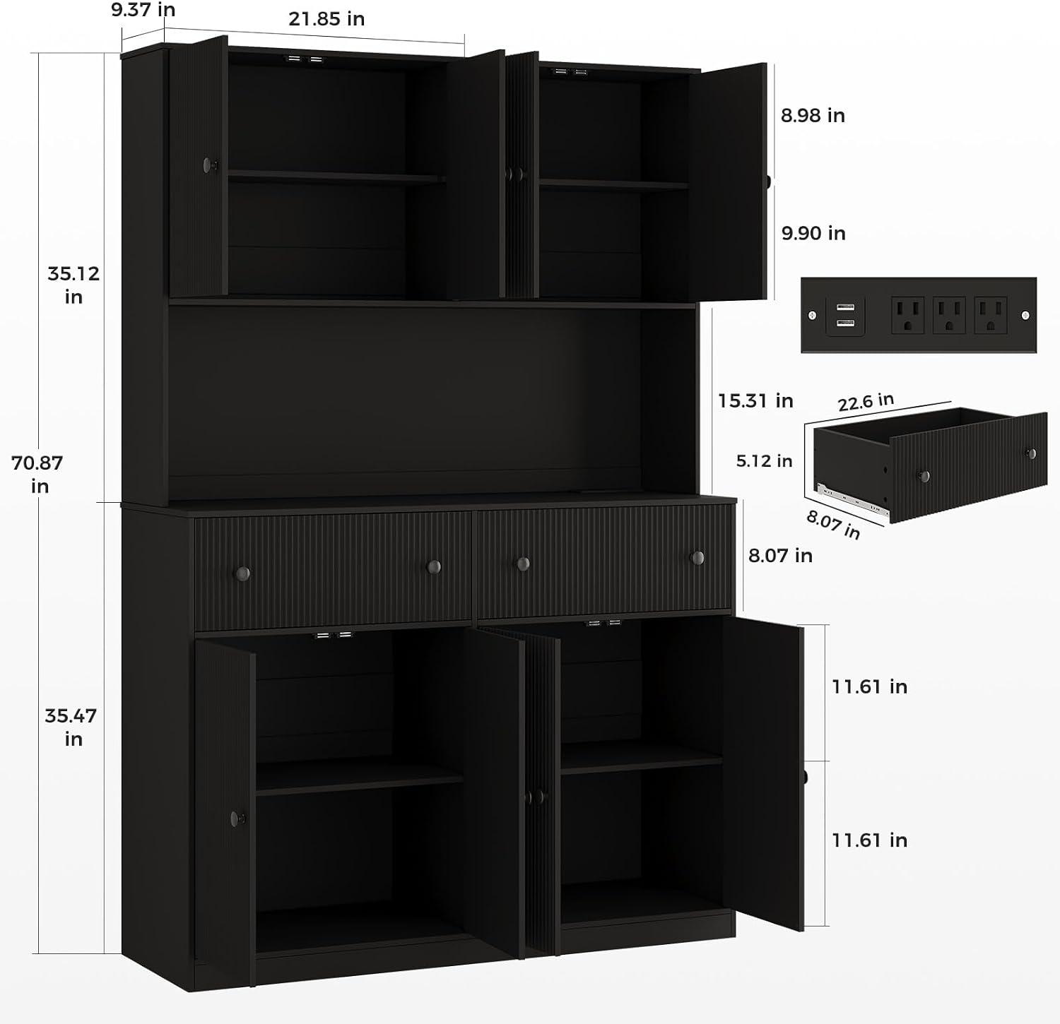 Garvee 47" Fluted Kitchen Pantry Cabinet with Countertop and Charging Station - Tall Pantry Storage Cabinet with 2 Drawers and Adjustable Shelves for Dining Room, Living Room
