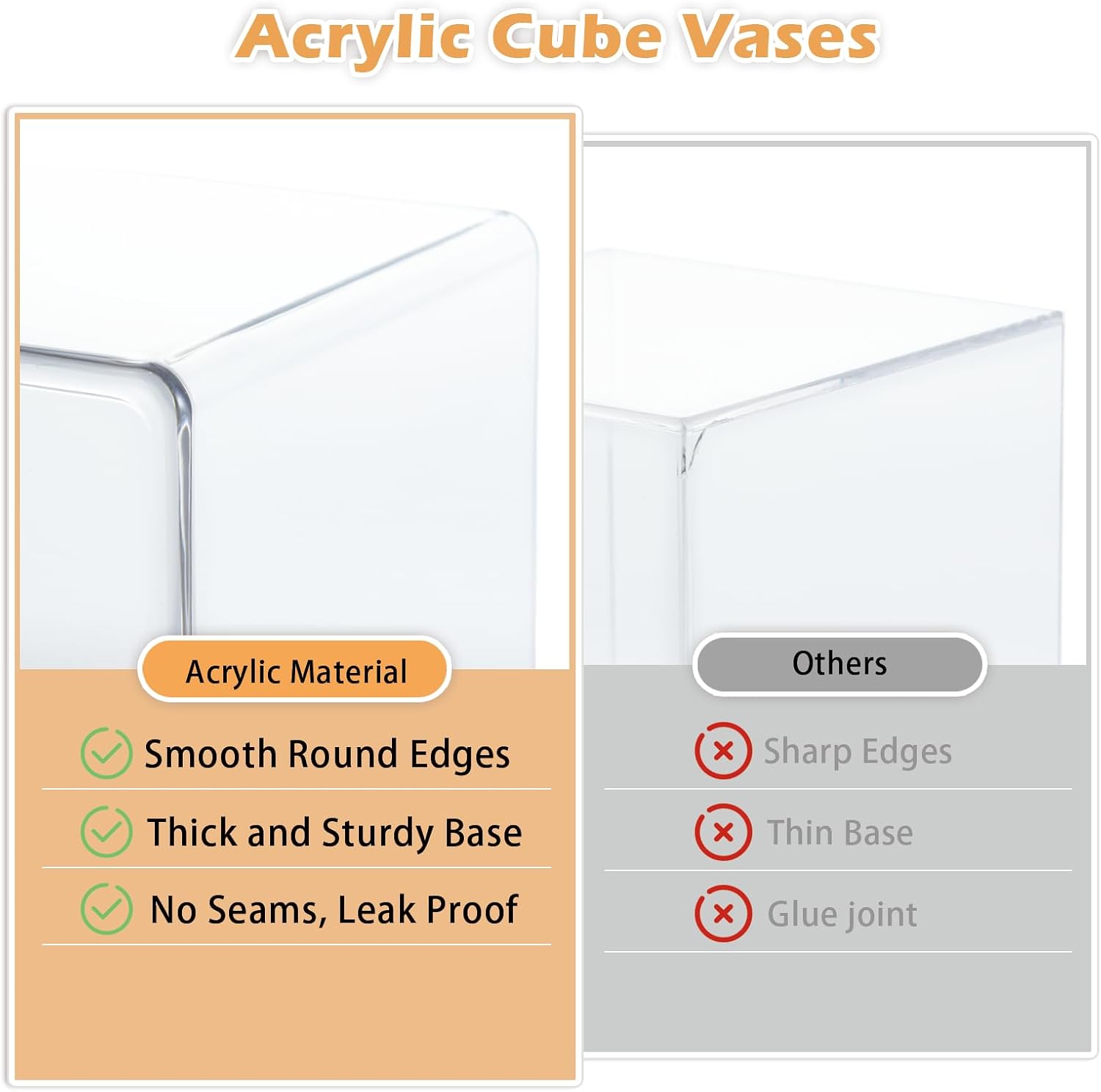 2 Pack Acrylic Cube Vases 4 X 4 Inch, Clear Square Vases, Shatterproof Flower Vase Decorative Centerpiece for Home, Wedding