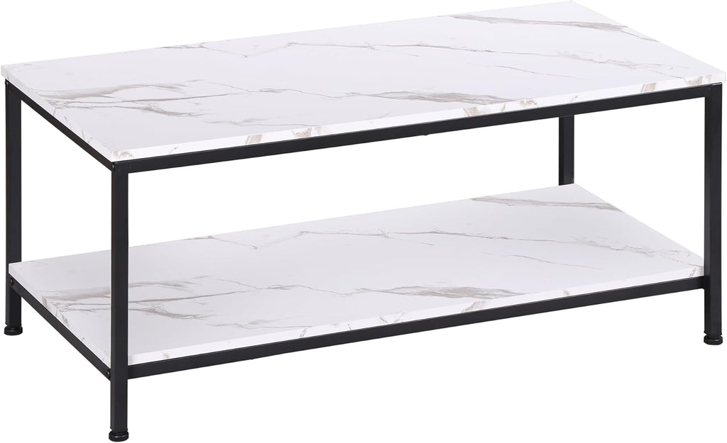 SUPER DEAL 2-Tier Coffee Table with Storage Shelf for Small Apartment Living Room, Rectangle Wood and Stable Metal TV Stand Side End Table, White Marble
