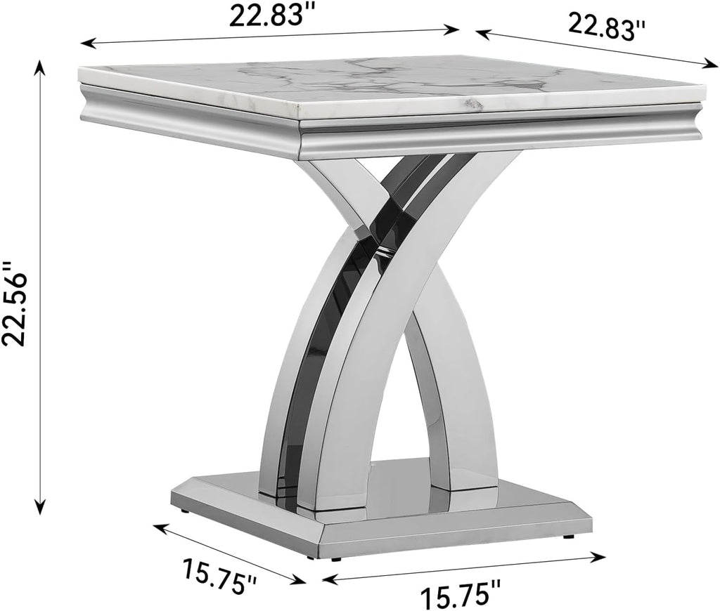 Modern Marble End Table Luxury White Faux Marble Sofa Side Table with Silver Mirrored Stainless Steel Base Square Bedside Tables Nightstand for Living Room Bedroom Office