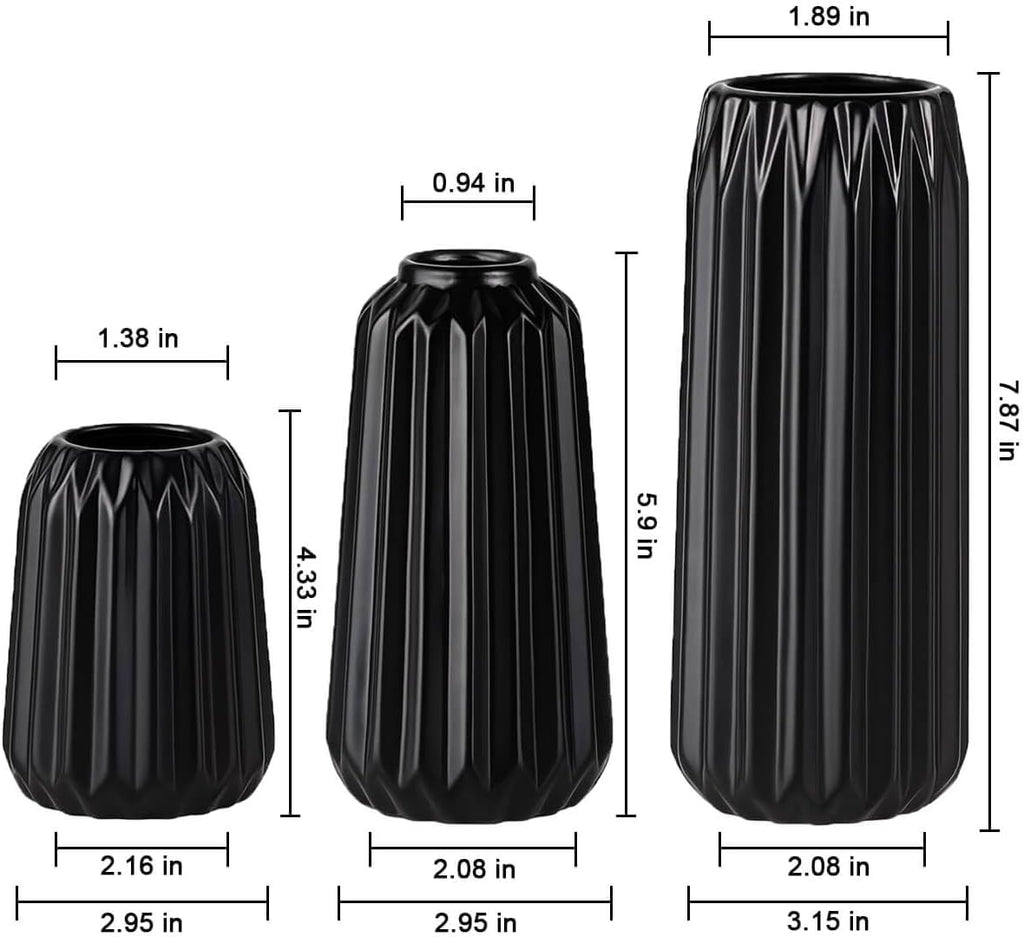 Black Ceramic Vases Set of 3 – Modern Ribbed Vase Centerpieces for Pampas Grass, Eucalyptus, Dried or Fresh Flowers, Minimalist Home Decor for Living Room, Bookshelf, Table & Office