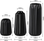 Black Ceramic Vases Set of 3 – Modern Ribbed Vase Centerpieces for Pampas Grass, Eucalyptus, Dried or Fresh Flowers, Minimalist Home Decor for Living Room, Bookshelf, Table & Office