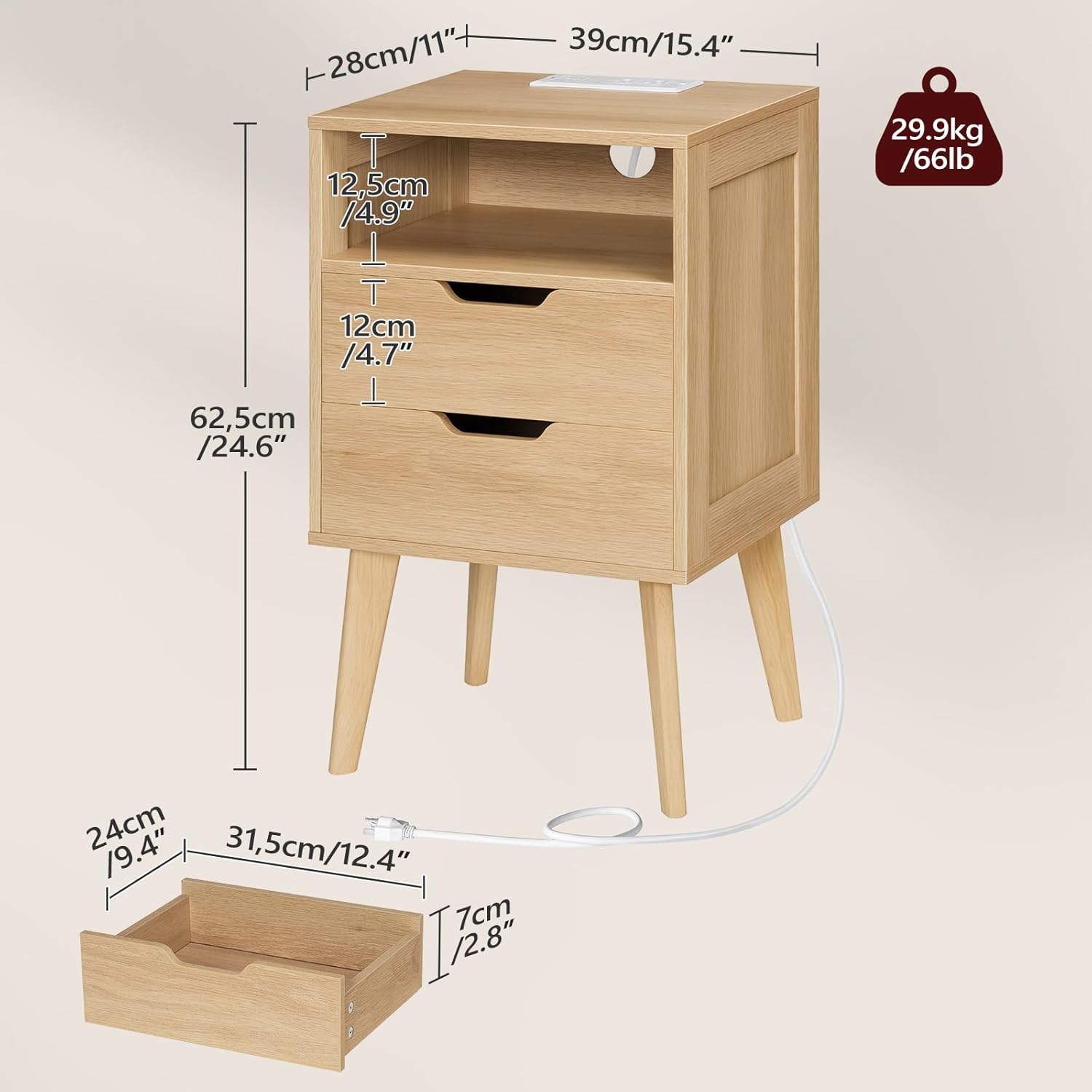 MAHANCRIS Nightstand with Charging Station and Modern Bedside Table Bundle, Natural End Table with Storage Drawers, Open Storage, Night Stand with Solid Wood Legs, for Bedroom, ETNA61E01-ETNA69E01