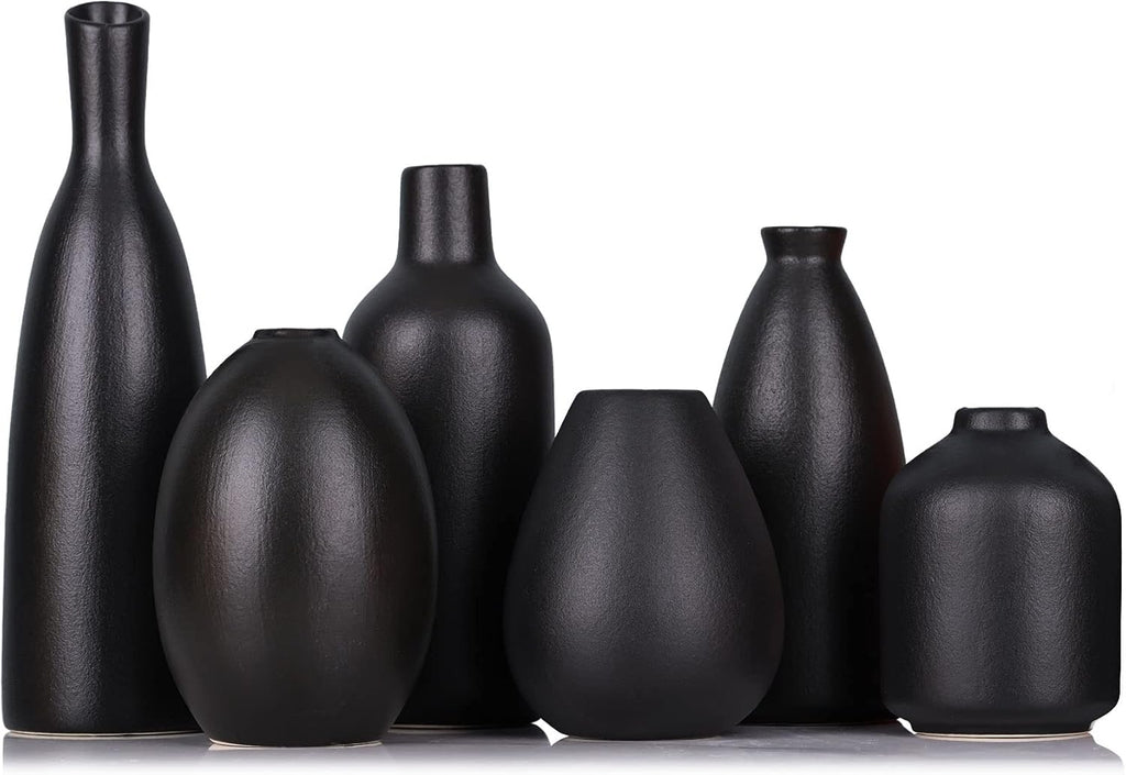 6 Pack Small Black Ceramic Bud Vases for Home Decor - Modern Boho Small Vases for Centerpieces in Bulk, Mini Flower Vases for Dry Flowers, Wedding, Table, and Party Decorations
