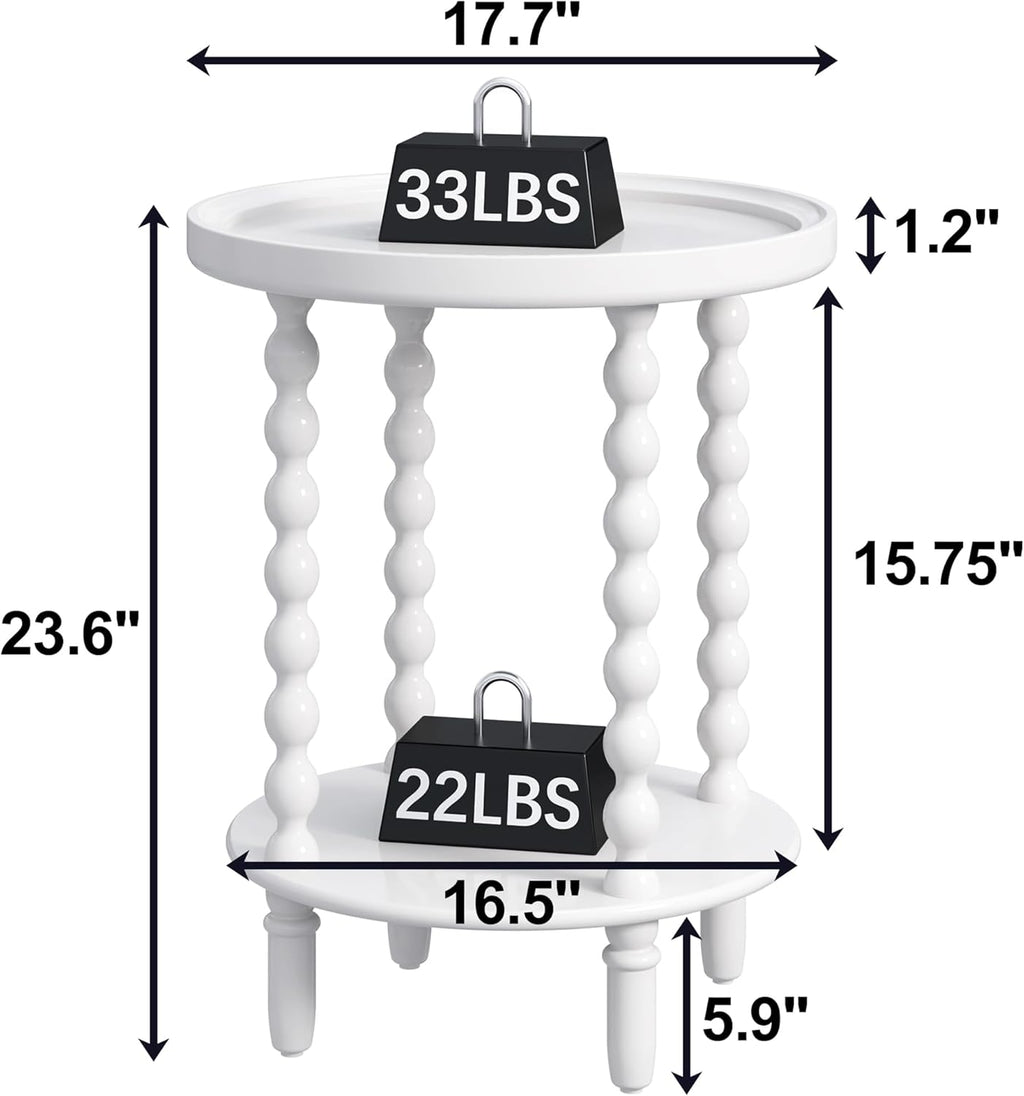 Round Side Table with Storage Shelf, 2 Tier Accent End Table with Spindle Legs, Modern Nightstand Beside Table for Living Room, Bedroom, Office, White