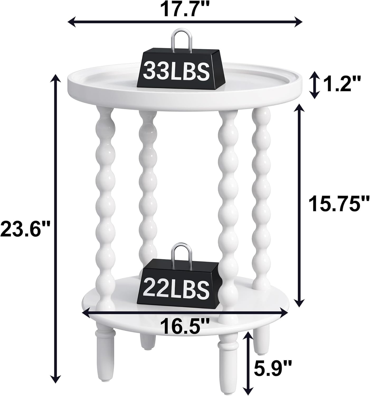 Round Side Table with Storage Shelf, 2 Tier Accent End Table with Spindle Legs, Modern Nightstand Beside Table for Living Room, Bedroom, Office, White