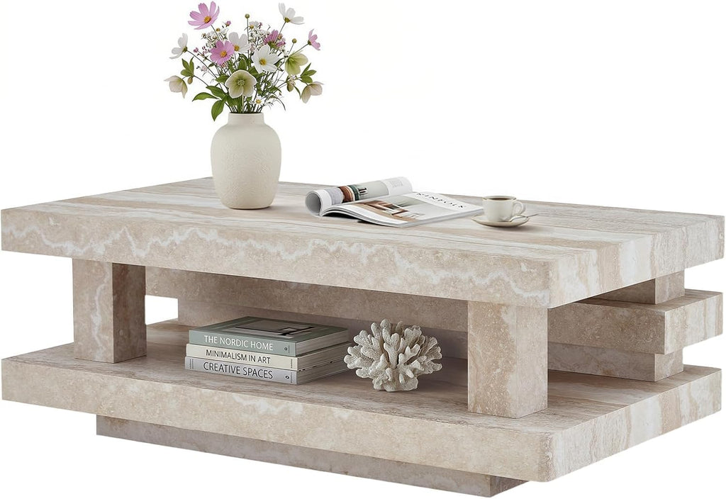 LKTART 43.3" Coffee Table, 2-Tier Stone Travertine Pattern Center Table with Open Storage, Mid Century Rectangular Wood Tea Table for Living Room, Bedroom, Office