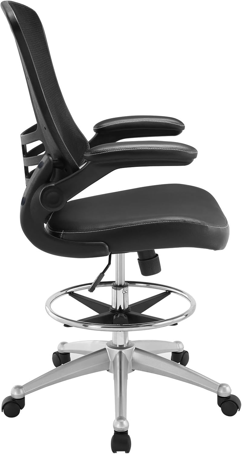 Modway Attainment Vinyl Drafting Chair - Drafting Stool With Flip-Up Arm in Black