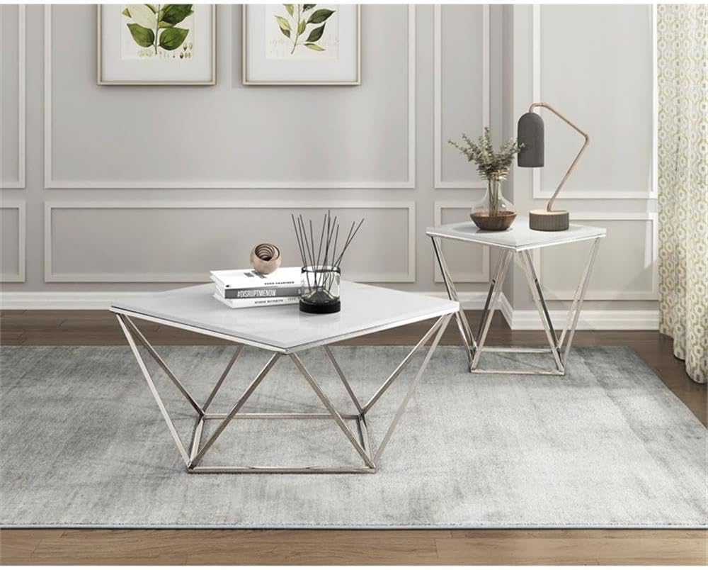 Pemberly Row Contemporary End Table, Stainless Steel Frame, Silver Finish, White Sintered Stone Top, Geometric Design, Modern Small Accent Table for Living Room or Decor Use