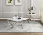 Pemberly Row Contemporary End Table, Stainless Steel Frame, Silver Finish, White Sintered Stone Top, Geometric Design, Modern Small Accent Table for Living Room or Decor Use