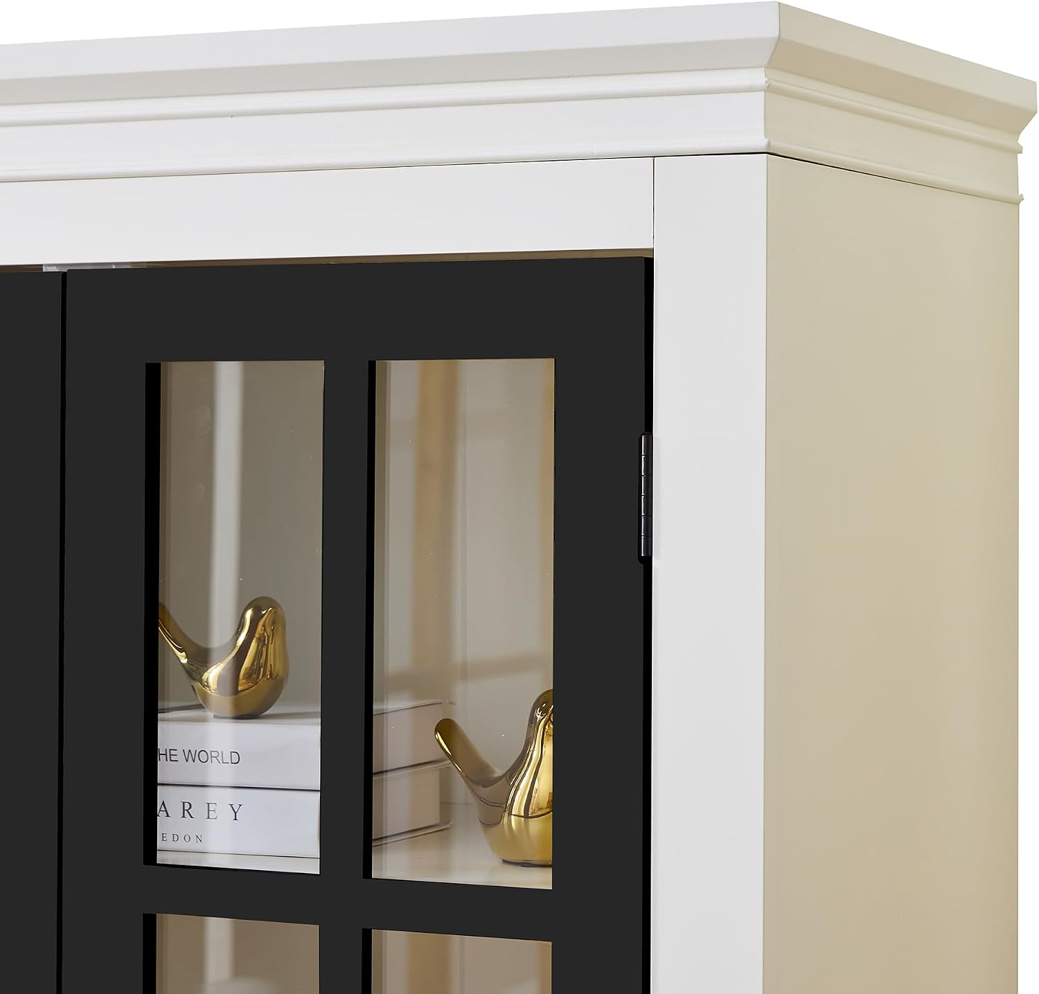 roomfitters 71.2'' Pantry Cabinet with Glass Door, Farmhouse Display Cabinet with Storage for Kitchen and Hallways, Black & Cream White