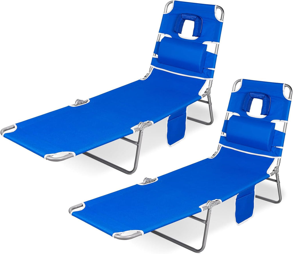 2PK Face-Down Tanning Beach Chair, Adjustable Folding Sunbathing Lounger with Arm Slots, Side Pocket, Lightweight Reclining Chair for Beach, Poolside, Lawn & Patio, Royal Blue
