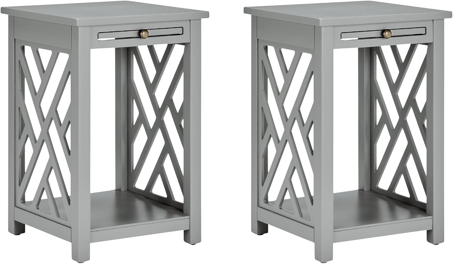 Alaterre Furniture Coventry 2-Pack Wood End Tables – Compact Side Tables with Pull-Out Tray, Bottom Shelf, and Open Square Side Panels – Easy Assembly Storage Tables for Living Room or Bedroom (Gray)