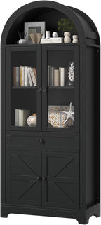 71" Tall Farmhouse Arched Storage Cabinet with Glass Door, Drawer and Barn Door, Versatile Pantry for Kitchen, Bathroom, Dining Room, Black