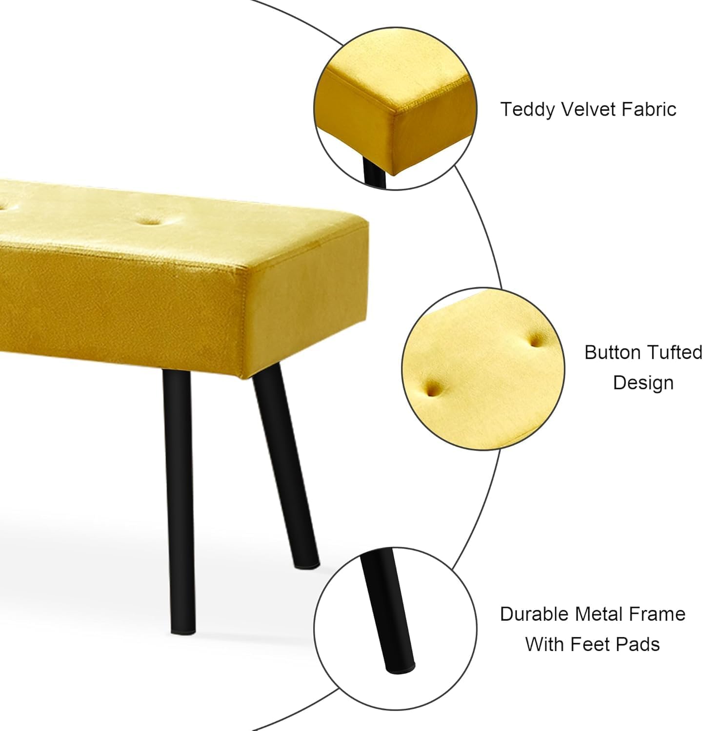 Modern Ottoman Bench, 40 Inch Upholstered Bench with Metal Legs, End of Bed Bench, Dining Bench for Living Room, Bedroom, Entryway, Yellow Velvet
