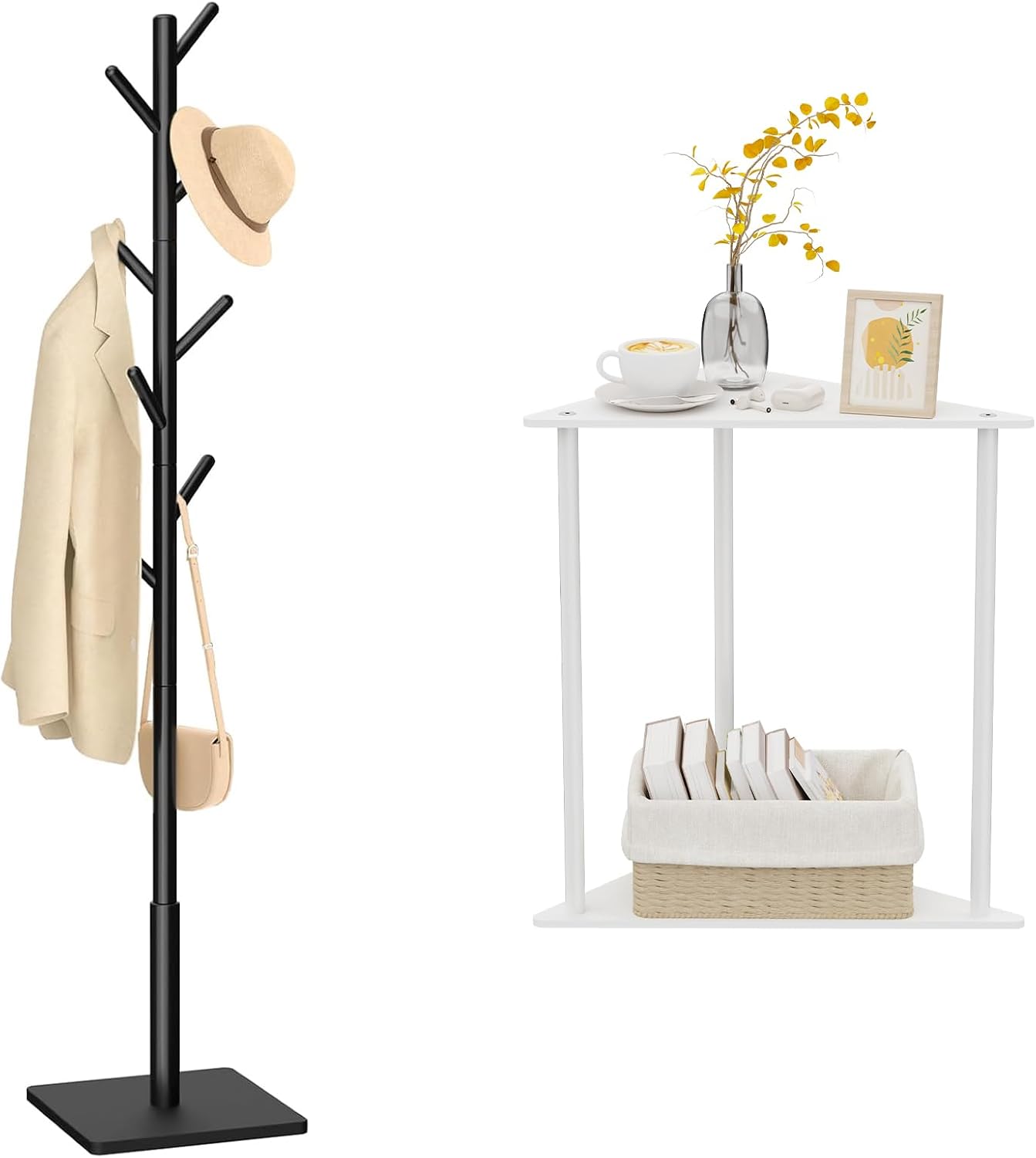 Yawinhe Metal Side Table,Small End Table with 2-Tier Storage Shelves,Coat Rack,Sturdy Wooden Stand Tree with 8 Hooks