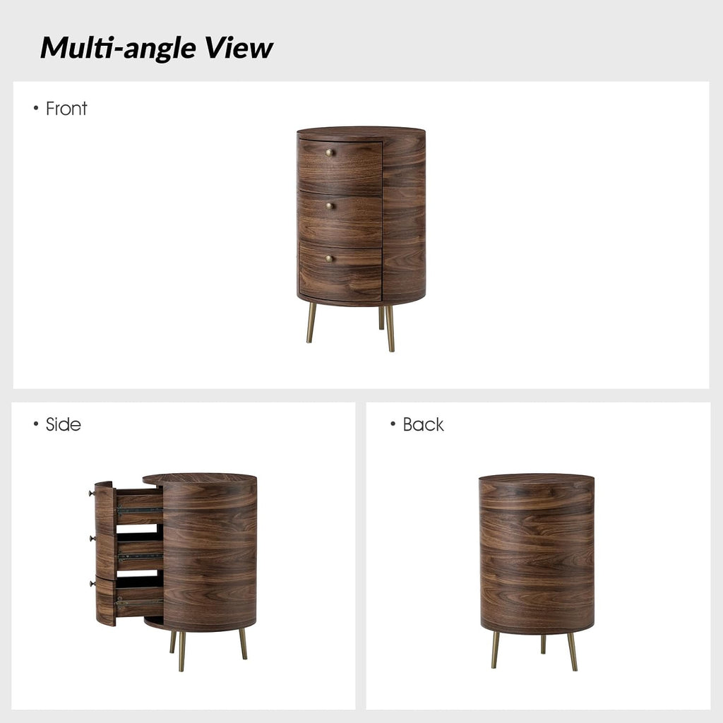 Mid Century Modern Round End Table with 3 Drawers, Small Wood Side Table with Flared Metal Legs and Vintage Knobs, Versatile Accent Beside Table for Living Room, Walnut