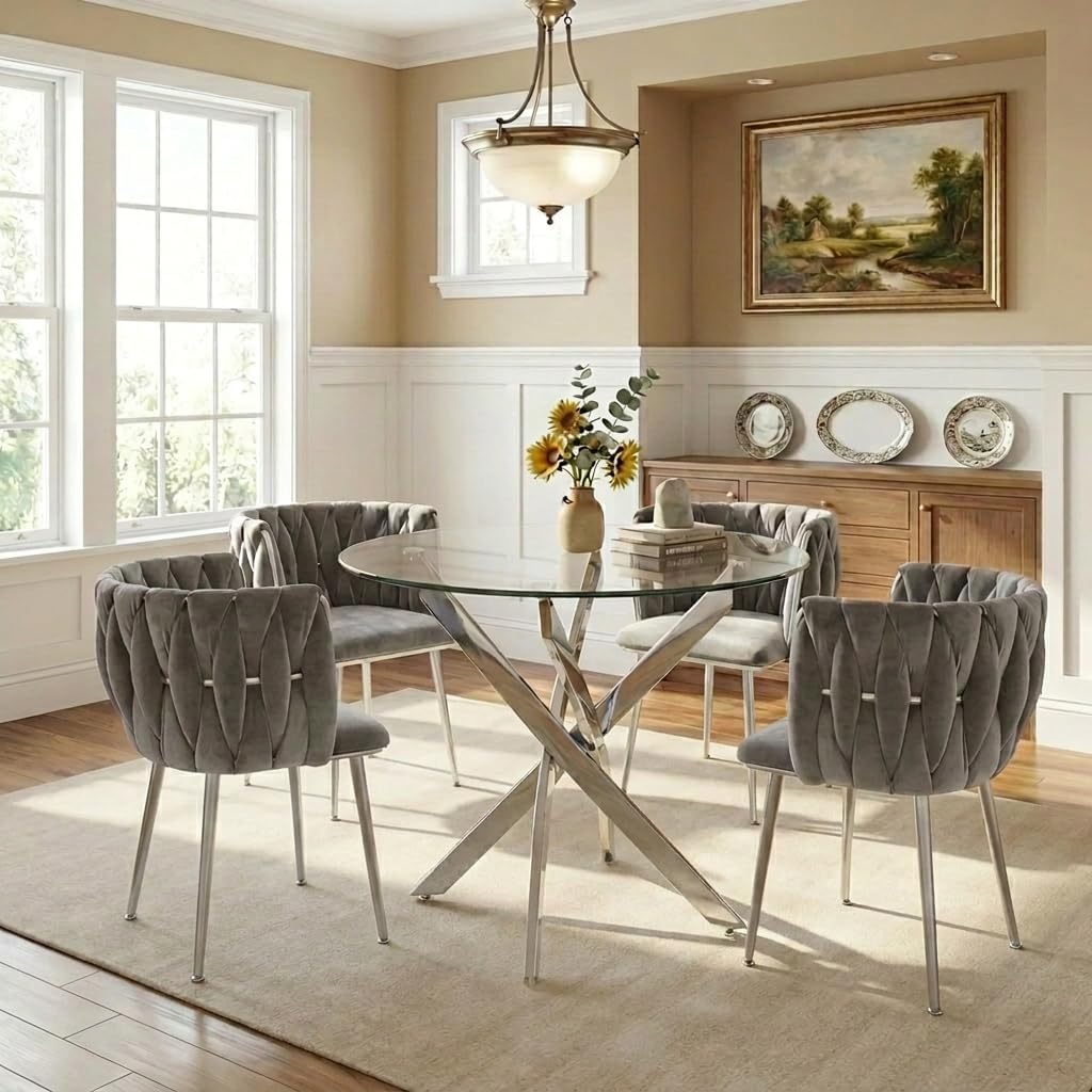 35" Round Glass Dining Table Set for 4, Modern Glass Dining Table Set with Velvet Woven Chairs, Beautiful 5-Pieces Furniture Set Suitable for Dining Room, Kitchen, Apartment and Home, Silver & Grey