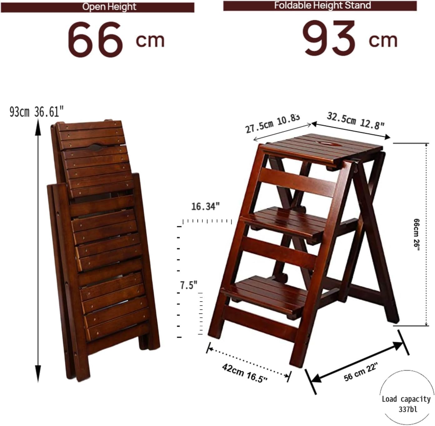 3-Step Ladder Stool, Wooden Folding Step Stool for Home & Kitchen, Solid Pine with Non-Slip Steps & Anti-Scratch Shoe Covers, 337lb Weight Capacity, Space-Saving, No Assembly Required (Walnut)