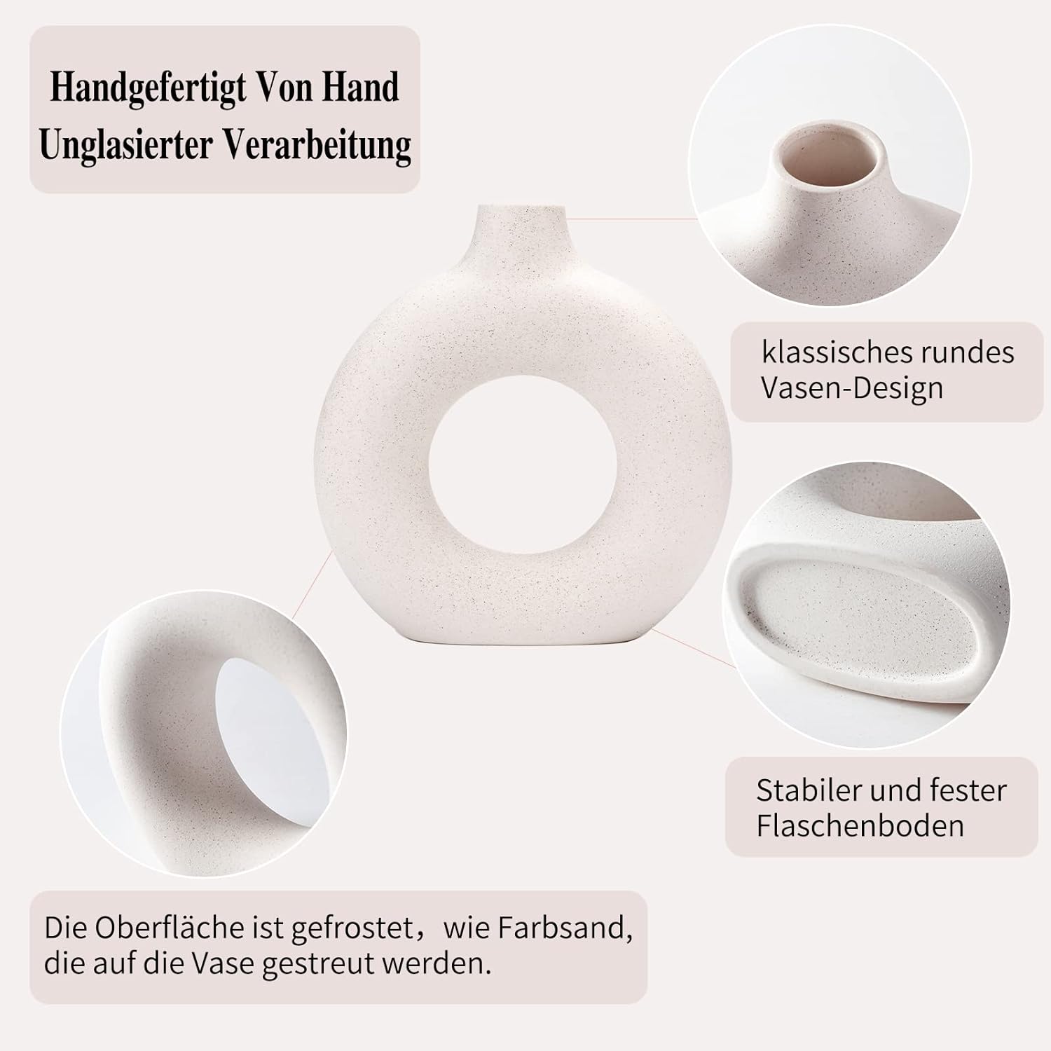 CEMABT White Donut Vase Hollow Ceramic Vase for Flowers Handmade Minimalist Boho ins Style Modern Home Decor for Wedding Dinner Table Party Living Room Office Bedroom(M)